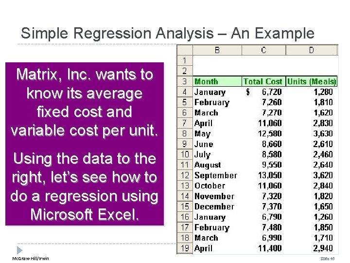 Simple Regression Analysis – An Example Matrix, Inc. wants to know its average fixed