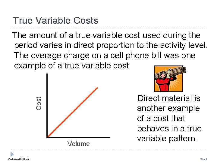 True Variable Costs Cost The amount of a true variable cost used during the