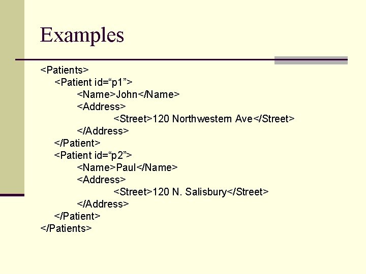 Examples <Patients> <Patient id=“p 1”> <Name>John</Name> <Address> <Street>120 Northwestern Ave</Street> </Address> </Patient> <Patient id=“p Examples <Patients> <Patient id=“p 1”> <Name>John</Name> <Address> <Street>120 Northwestern Ave</Street> </Address> </Patient> <Patient id=“p