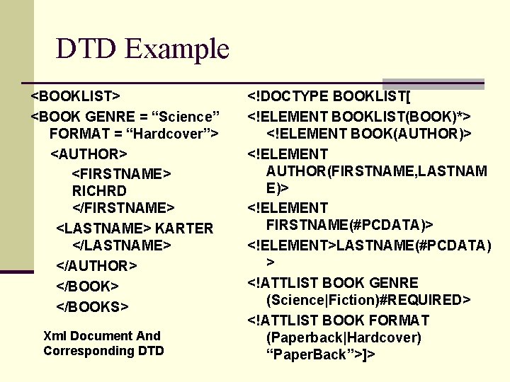 DTD Example <BOOKLIST> <BOOK GENRE = “Science” FORMAT = “Hardcover”> <AUTHOR> <FIRSTNAME> RICHRD </FIRSTNAME> DTD Example <BOOKLIST> <BOOK GENRE = “Science” FORMAT = “Hardcover”> <AUTHOR> <FIRSTNAME> RICHRD </FIRSTNAME>