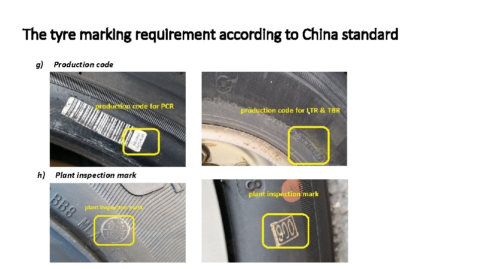 The tyre marking requirement according to China standard g) Production code h) Plant inspection