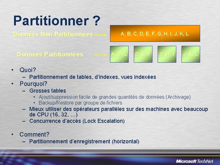 Partitionner ? Données Non Partitionnées Données Partitionnées A, B, C, D, E, F, G,