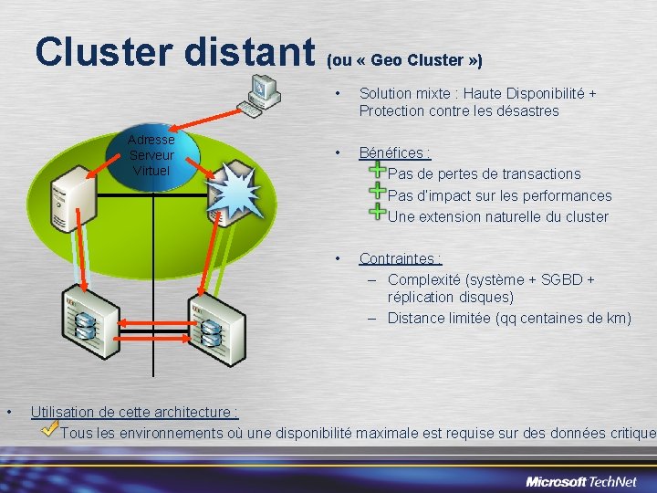 Cluster distant (ou « Geo Cluster » ) Adresse Serveur Virtuel • • Solution