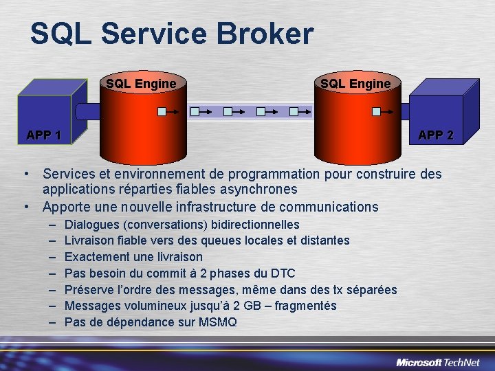 SQL Service Broker SQL Engine APP 1 APP 2 • Services et environnement de