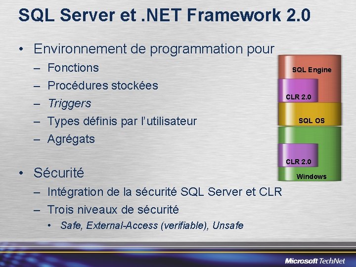 SQL Server et. NET Framework 2. 0 • Environnement de programmation pour – –