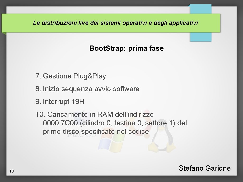 Le distribuzioni live dei sistemi operativi e degli applicativi Boot. Strap: prima fase 7.