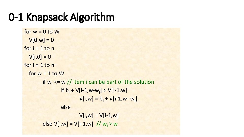 0 -1 Knapsack Algorithm for w = 0 to W V[0, w] = 0