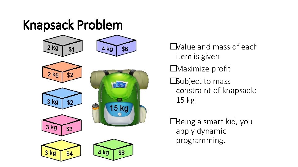 Knapsack Problem �Value and mass of each item is given �Maximize profit �Subject to