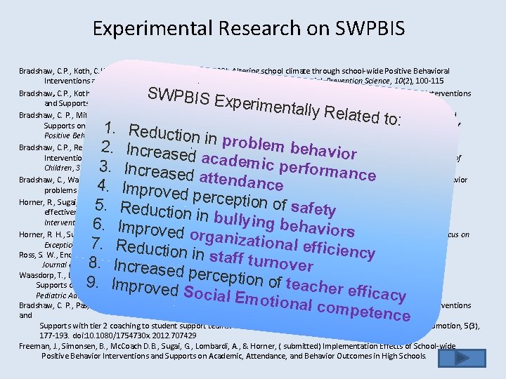 Experimental Research on SWPBIS Bradshaw, C. P. , Koth, C. W. , Thornton, L.