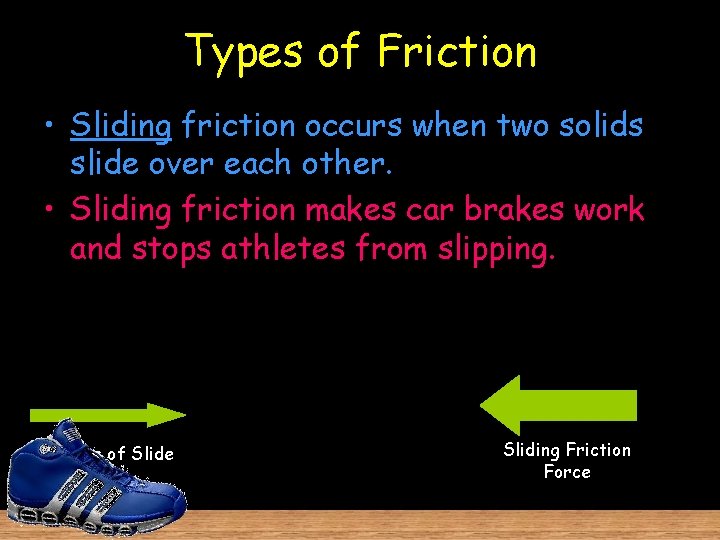 Types of Friction • Sliding friction occurs when two solids slide over each other.