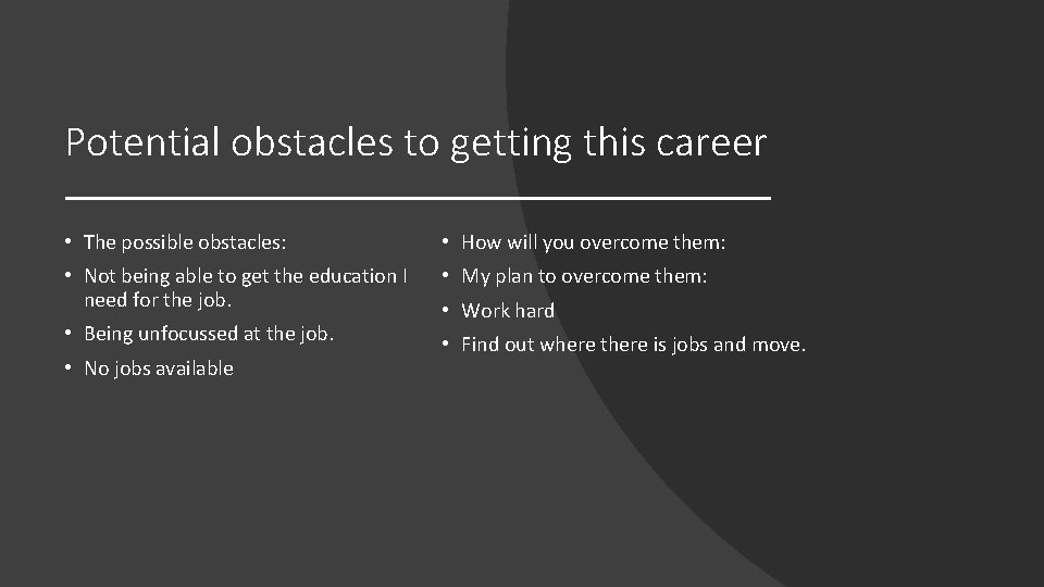 Potential obstacles to getting this career • The possible obstacles: • How will you