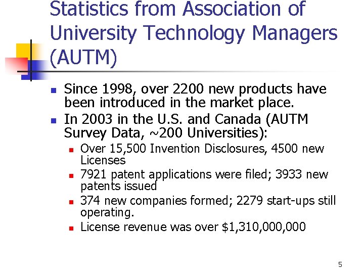 Statistics from Association of University Technology Managers (AUTM) n n Since 1998, over 2200