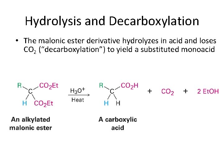 Hydrolysis and Decarboxylation • The malonic ester derivative hydrolyzes in acid and loses CO