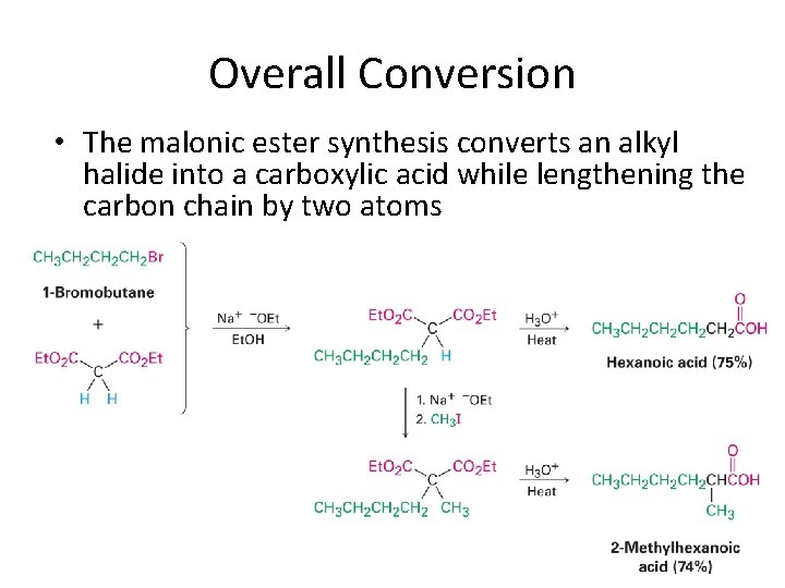 Overall Conversion • The malonic ester synthesis converts an alkyl halide into a carboxylic