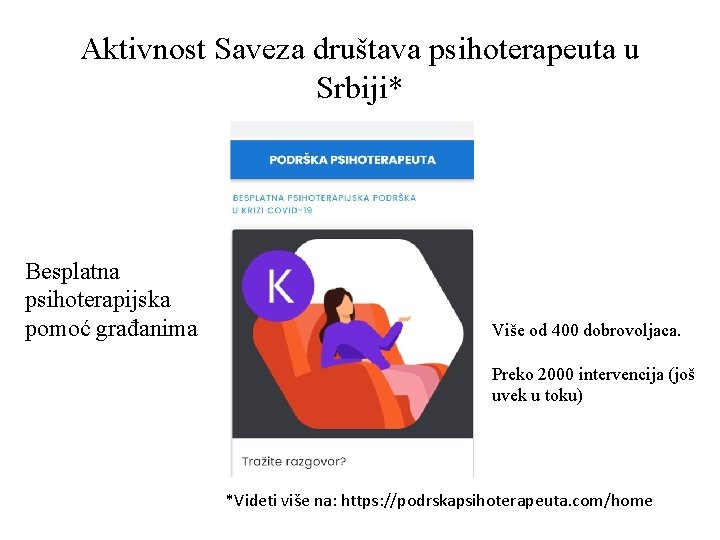 Aktivnost Saveza društava psihoterapeuta u Srbiji* Besplatna psihoterapijska pomoć građanima Više od 400 dobrovoljaca.