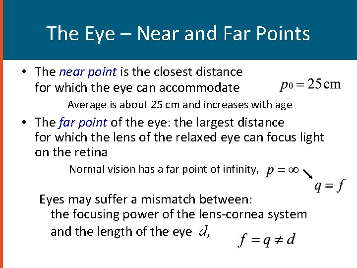 The Eye – Near and Far Points • The near point is the closest