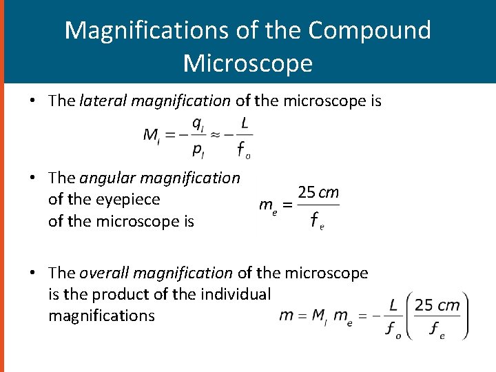 Magnifications of the Compound Microscope • The lateral magnification of the microscope is •