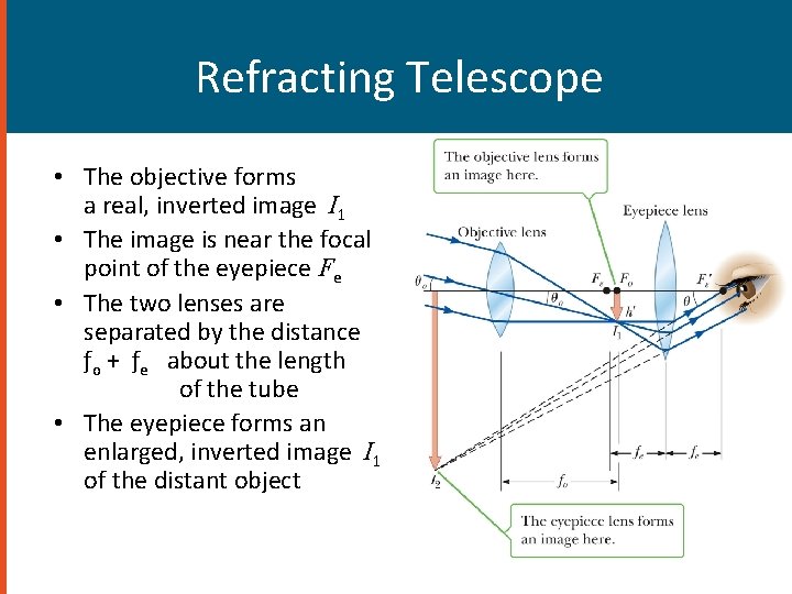 Refracting Telescope • The objective forms a real, inverted image I 1 • The