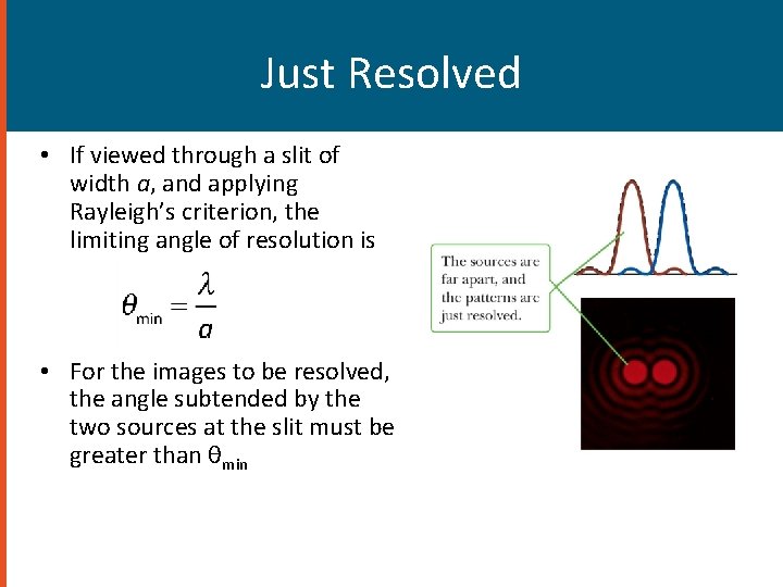 Just Resolved • If viewed through a slit of width a, and applying Rayleigh’s