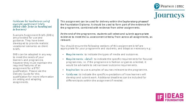 Journeys Guidance for teachers on using example assignment briefs (delete slide prior to handing