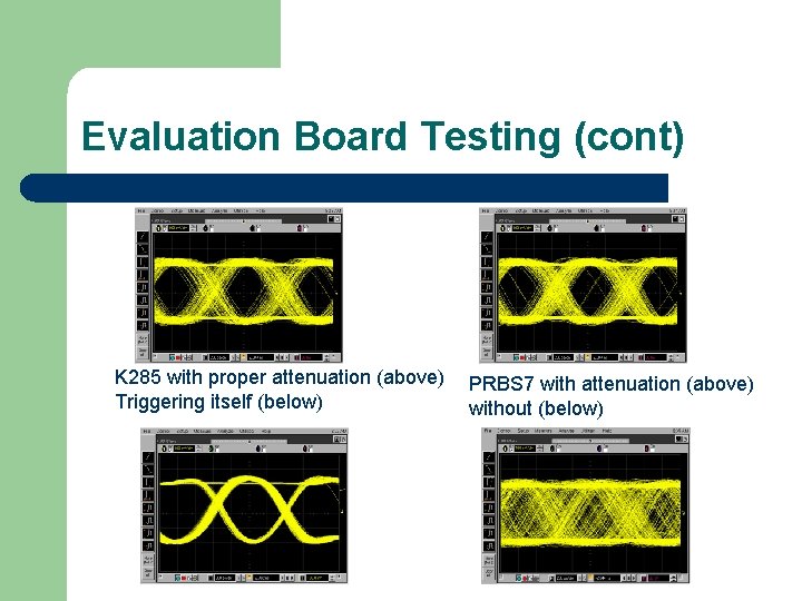 Evaluation Board Testing (cont) K 285 with proper attenuation (above) Triggering itself (below) PRBS