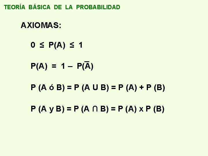 TEORÍA BÁSICA DE LA PROBABILIDAD AXIOMAS: 0 ≤ P(A) ≤ 1 P(A) = 1