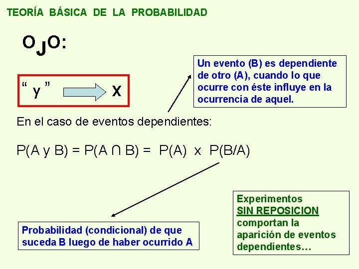 TEORÍA BÁSICA DE LA PROBABILIDAD OJO: “ y” x Un evento (B) es dependiente