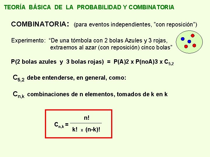 TEORÍA BÁSICA DE LA PROBABILIDAD Y COMBINATORIA: (para eventos independientes, ”con reposición”) Experimento: “De