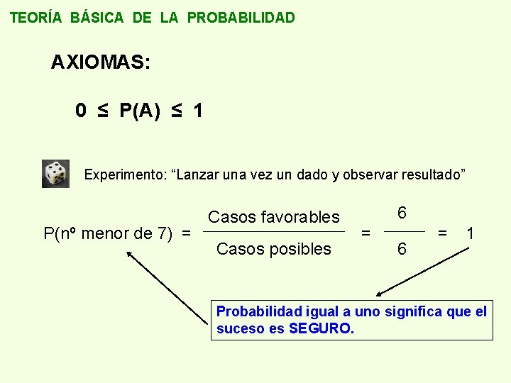 TEORÍA BÁSICA DE LA PROBABILIDAD AXIOMAS: 0 ≤ P(A) ≤ 1 Experimento: “Lanzar una
