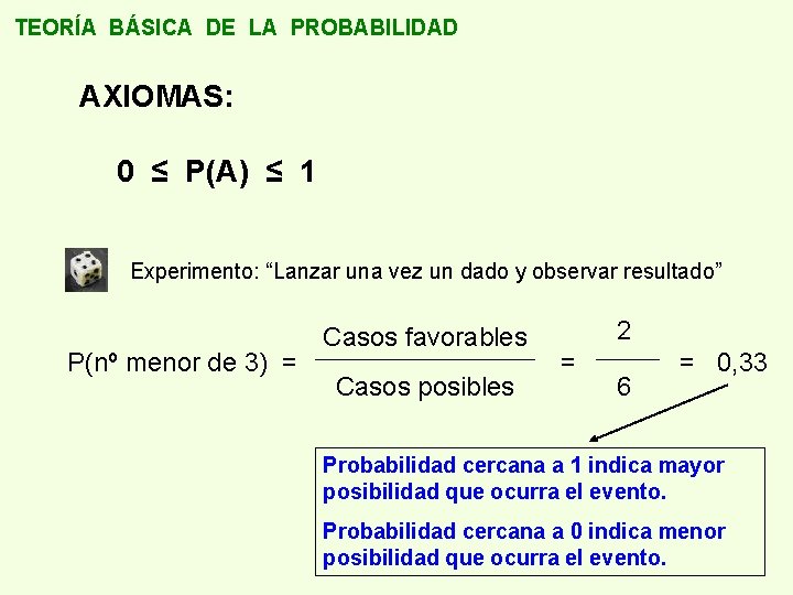 TEORÍA BÁSICA DE LA PROBABILIDAD AXIOMAS: 0 ≤ P(A) ≤ 1 Experimento: “Lanzar una