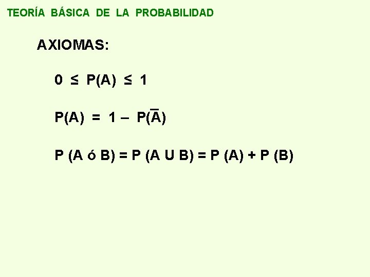 TEORÍA BÁSICA DE LA PROBABILIDAD AXIOMAS: 0 ≤ P(A) ≤ 1 P(A) = 1