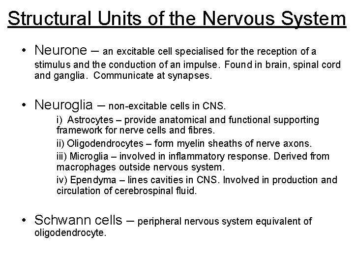 Structural Units of the Nervous System • Neurone – an excitable cell specialised for