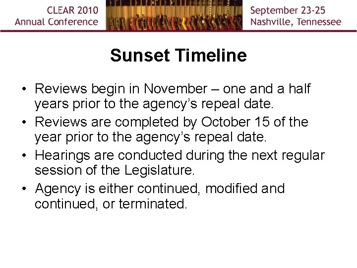 Sunset Timeline • Reviews begin in November – one and a half years prior