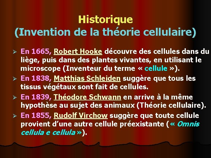 Historique (Invention de la théorie cellulaire) Ø Ø En 1665, Robert Hooke découvre des