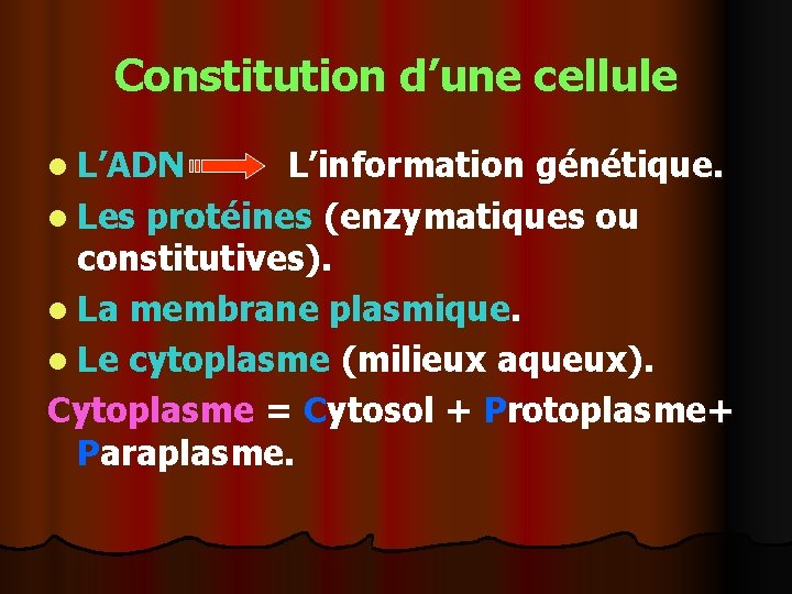 Constitution d’une cellule l L’ADN L’information génétique. l Les protéines (enzymatiques ou constitutives). l