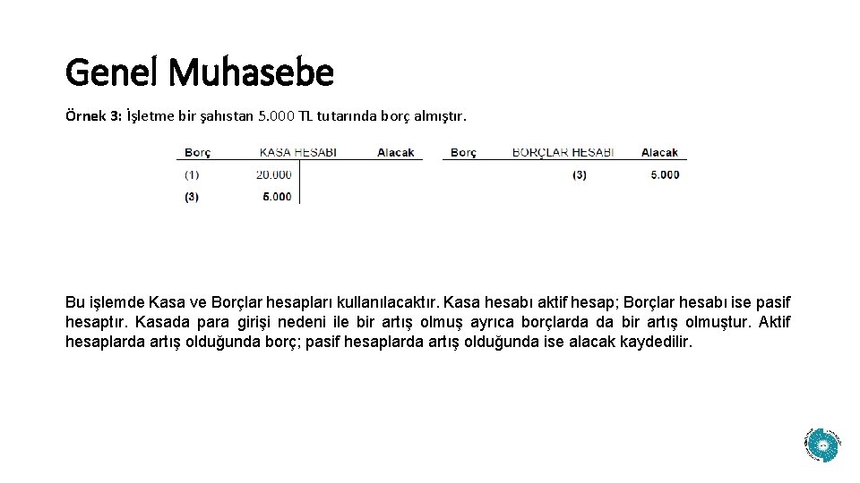 Genel Muhasebe Örnek 3: İşletme bir şahıstan 5. 000 TL tutarında borç almıştır. Bu