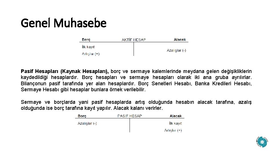 Genel Muhasebe Pasif Hesapları (Kaynak Hesapları), borç ve sermaye kalemlerinde meydana gelen değişikliklerin kaydedildiği