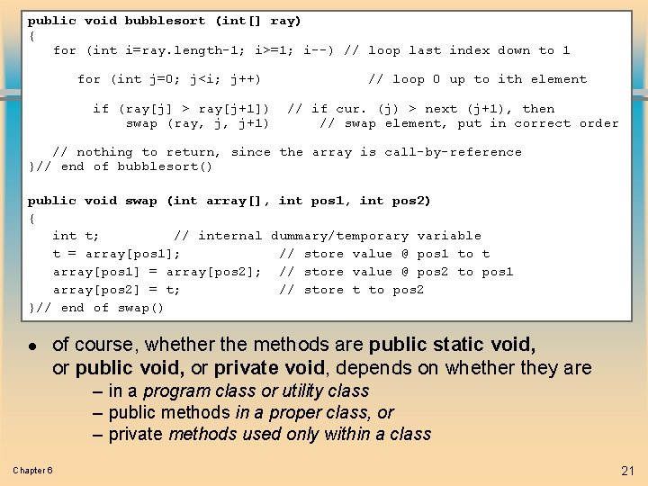 public void bubblesort (int[] ray) { for (int i=ray. length-1; i>=1; i--) // loop