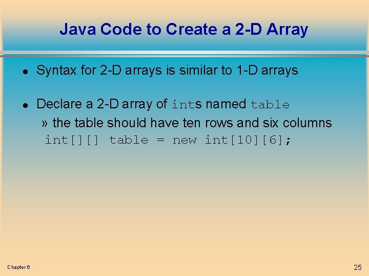 Java Code to Create a 2 -D Array l l Chapter 6 Syntax for