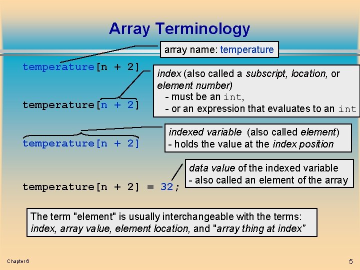 Array Terminology array name: temperature[n + 2] index (also called a subscript, location, or