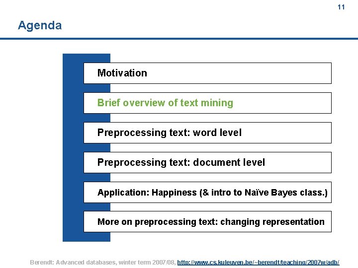 11 Agenda Motivation Brief overview of text mining Preprocessing text: word level Preprocessing text: