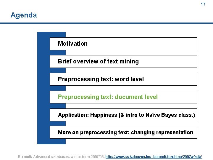 17 Agenda Motivation Brief overview of text mining Preprocessing text: word level Preprocessing text: