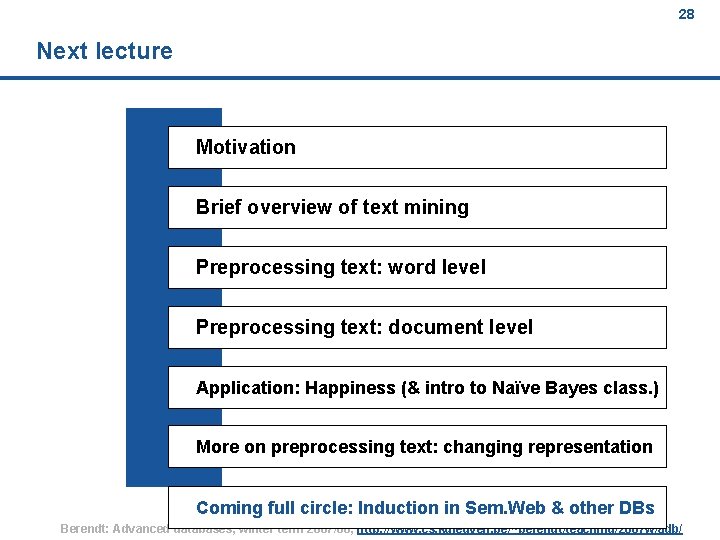 28 Next lecture Motivation Brief overview of text mining Preprocessing text: word level Preprocessing