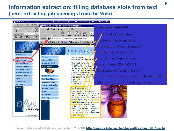 Information extraction: filling database slots from text (here: extracting job openings from the Web)