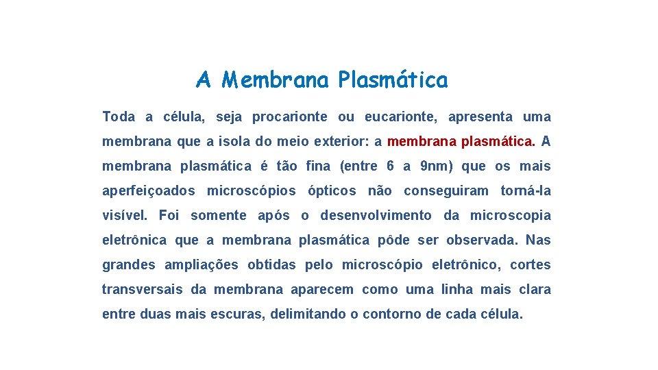 A Membrana Plasmática Toda a célula, seja procarionte ou eucarionte, apresenta uma membrana que