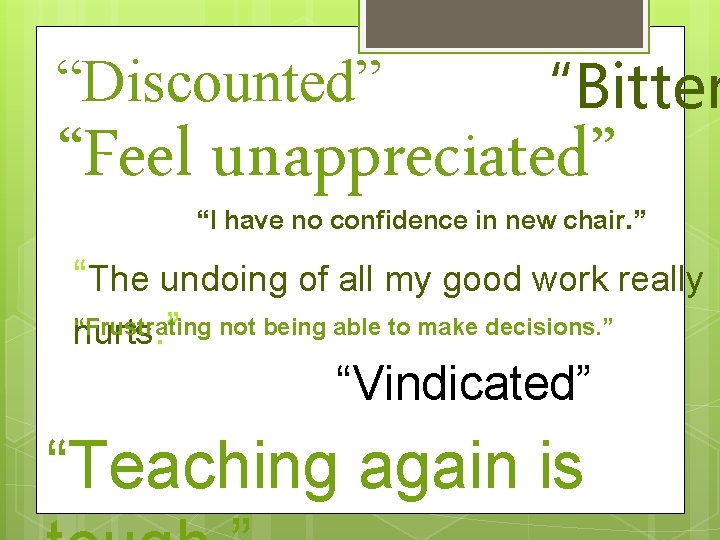 “Discounted” “Bitter “Feel unappreciated” “I have no confidence in new chair. ” “The undoing