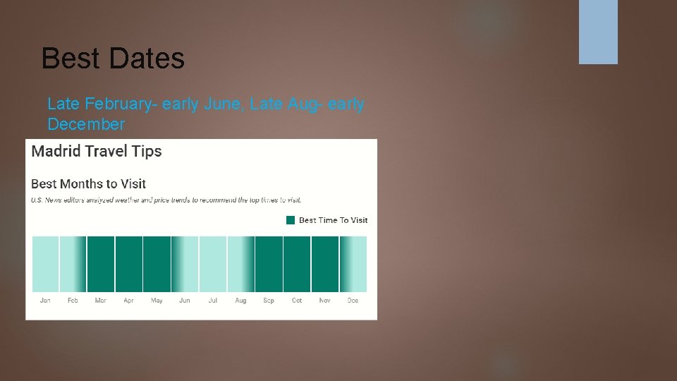 Best Dates Late February- early June, Late Aug- early December 