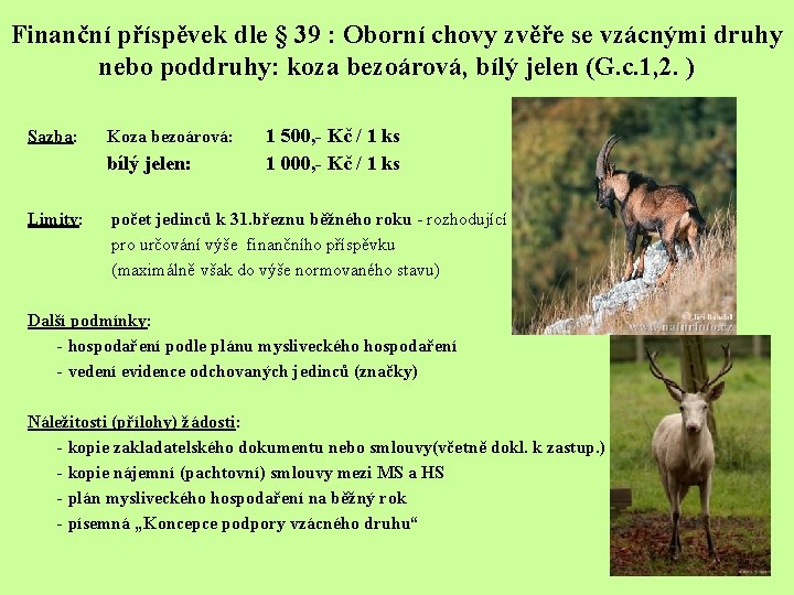 Finanční příspěvek dle § 39 : Oborní chovy zvěře se vzácnými druhy nebo poddruhy: