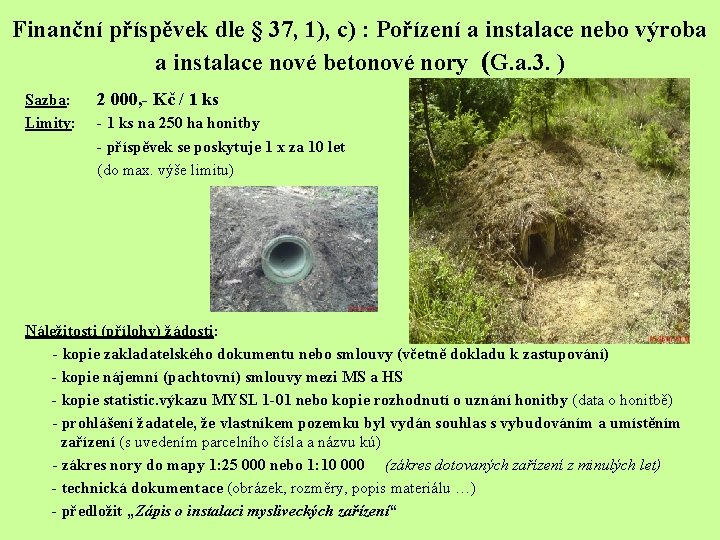 Finanční příspěvek dle § 37, 1), c) : Pořízení a instalace nebo výroba a