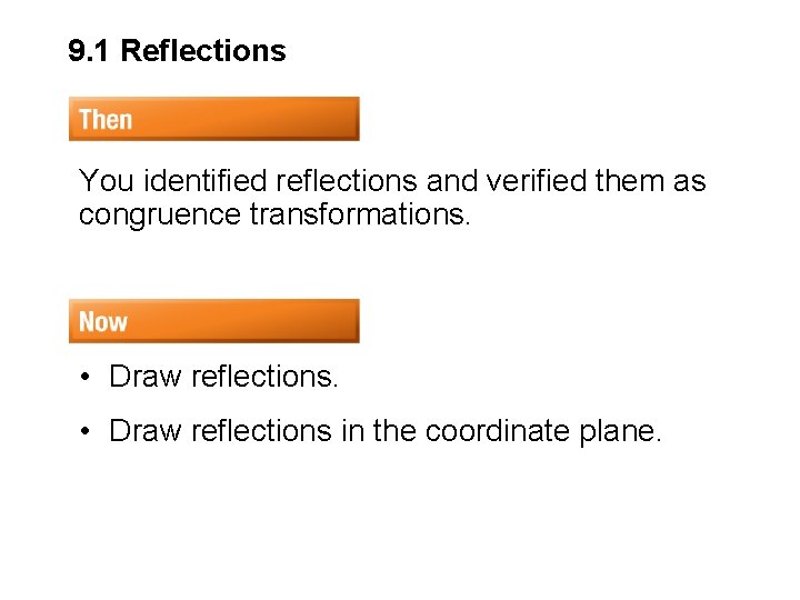 9. 1 Reflections You identified reflections and verified them as congruence transformations. • Draw